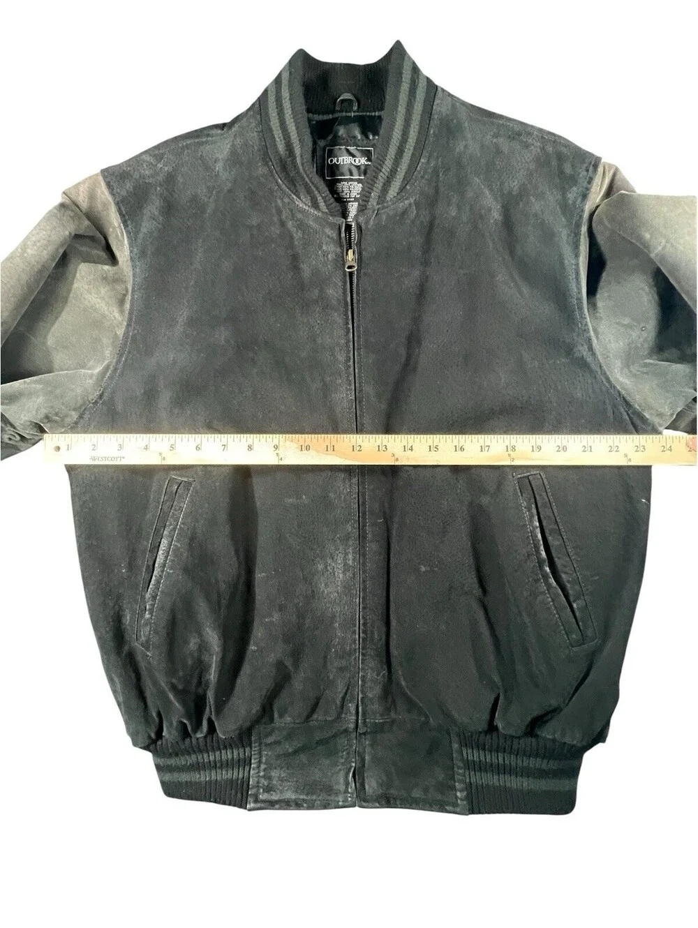 Outbrook Leather Bomber Jacket Black Gray Suede Varsity Zip Jacket Men’s M